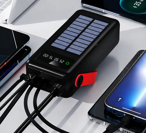 Power Bank Solar 40000mah Con Linterna Led Cables Integrados Negro