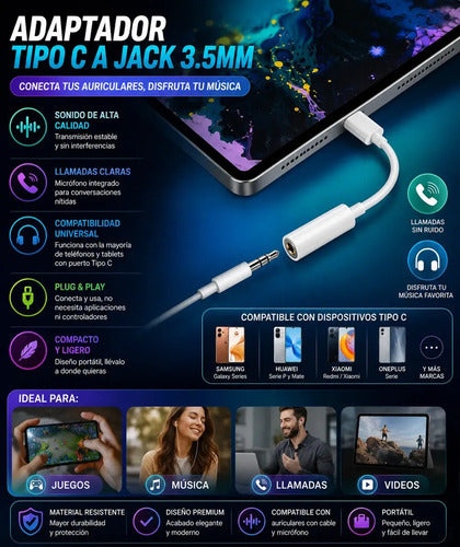 Adaptador De Auriculares Tipo C A Jack 3.5 Mm Para Teléfonos Android Blanco