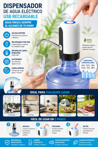 Dispensador De Agua Eléctrico Usb Recargable Para Bidón 20l Blanco