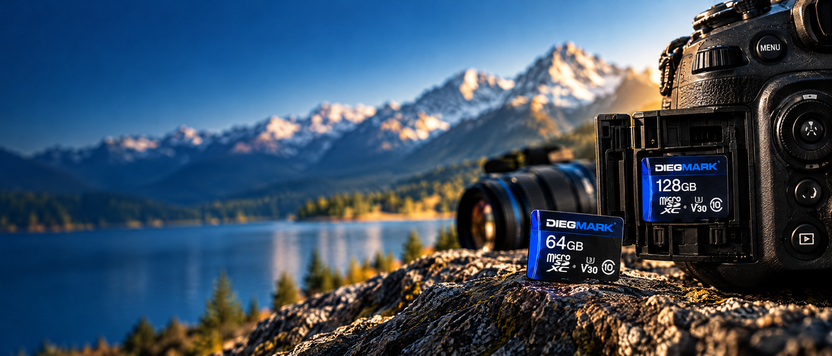 Memorias microSD Diegmark 128 GB y 64 GB junto a una cámara frente a montañas
